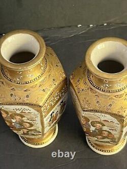 PAIR Japanese Satsuma Porcelain Hand Painted Vases GOLD ACCENTED MEIJI SIGNED