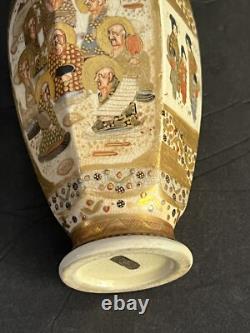 PAIR Japanese Satsuma Porcelain Hand Painted Vases GOLD ACCENTED MEIJI SIGNED