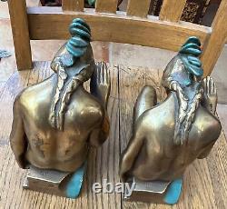 PAIR LARGE ANTIQUE signed POMPEIAN COLORED BRONZE INDIAN BOOKENDS EXCELLENT