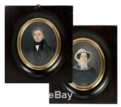 PAIR LG Antique Signed French Portrait Miniature (2), Couple, Adele de La Hitte