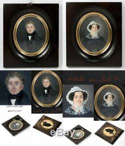 PAIR LG Antique Signed French Portrait Miniature (2), Couple, Adele de La Hitte