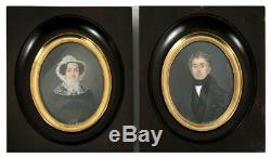 PAIR LG Antique Signed French Portrait Miniature (2), Couple, Adele de La Hitte