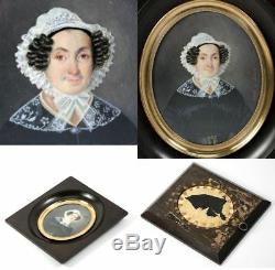 PAIR LG Antique Signed French Portrait Miniature (2), Couple, Adele de La Hitte