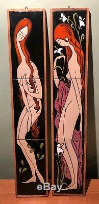 PAIR MID CENTURY MODERN 3 PIECE CATALINA ART TILE SET of NUDE LADY- SIGNED AT