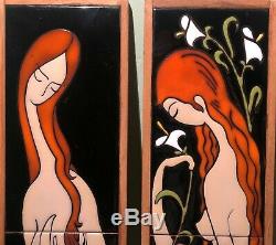 PAIR MID CENTURY MODERN 3 PIECE CATALINA ART TILE SET of NUDE LADY- SIGNED AT