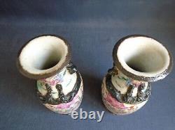 PAIR (Mirror image) Crackleware porcelain FR.'Warrior' VASES signed