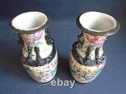 PAIR (Mirror image) Crackleware porcelain FR.'Warrior' VASES signed