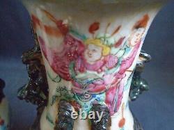 PAIR (Mirror image) Crackleware porcelain FR.'Warrior' VASES signed