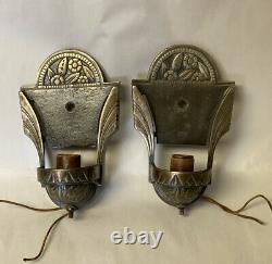 PAIR OF ANTIQUE ART DECO MAX SCHAFFER SIGNED BRONZE WALL SCONCES, missing shades