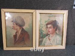 PAIR OF ANTIQUE CIRCA 1890s ITALIAN illegibly signed PORTRAITS