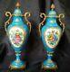 Pair Of Antique Sevres Turquoise Blue &gold Hp Dresden Flowers With Bronze Signed
