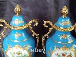 PAIR OF ANTIQUE SEVRES TURQUOISE BLUE &GOLD HP DRESDEN FLOWERS with BRONZE SIGNED