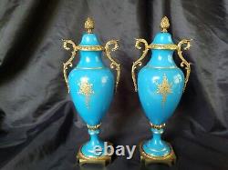 PAIR OF ANTIQUE SEVRES TURQUOISE BLUE &GOLD HP DRESDEN FLOWERS with BRONZE SIGNED