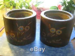 PAIR OF JAPANESE WOODEN HIBACHI VESSELS WITH INLAY 19th Century Meiji SIGNED