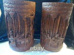 PAIR Old Chinese Bamboo High Relief Carved vase, s / Brush Pots