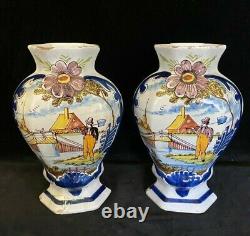 PAIR Rare DELFT DEKLAUW VASES Polychrome Antique Dutch 8.8 In, SIGNED, 18th C