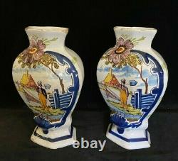 PAIR Rare DELFT DEKLAUW VASES Polychrome Antique Dutch 8.8 In, SIGNED, 18th C