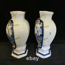 PAIR Rare DELFT DEKLAUW VASES Polychrome Antique Dutch 8.8 In, SIGNED, 18th C