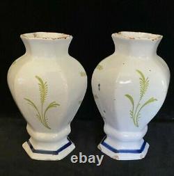 PAIR Rare DELFT DEKLAUW VASES Polychrome Antique Dutch 8.8 In, SIGNED, 18th C