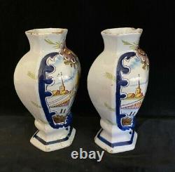 PAIR Rare DELFT DEKLAUW VASES Polychrome Antique Dutch 8.8 In, SIGNED, 18th C