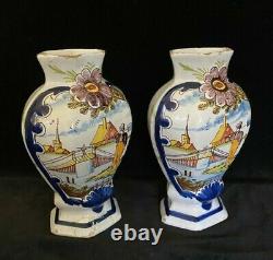 PAIR Rare DELFT DEKLAUW VASES Polychrome Antique Dutch 8.8 In, SIGNED, 18th C