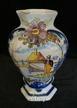 PAIR Rare DELFT DEKLAUW VASES Polychrome Antique Dutch 8.8 In, SIGNED, 18th C