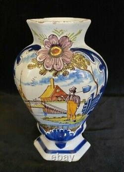 PAIR Rare DELFT DEKLAUW VASES Polychrome Antique Dutch 8.8 In, SIGNED, 18th C