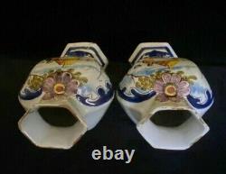 PAIR Rare DELFT DEKLAUW VASES Polychrome Antique Dutch 8.8 In, SIGNED, 18th C