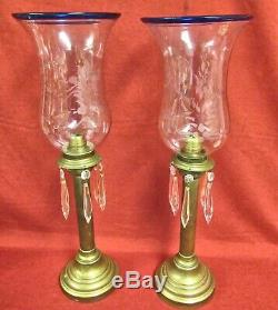 PAIR SIGNED RUSSIAN 19th C BRASS CANDLESTICKS WITH GLASS HURRICANE SHADES
