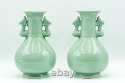 PAIR VASES CHINESE LONGQUAN CELADON MALLET Beast Heads Late Qing Dynasty 20th C