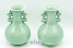 PAIR VASES CHINESE LONGQUAN CELADON MALLET Beast Heads Late Qing Dynasty 20th C