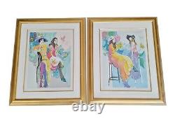 PAIR Vintage 20th C MODERN Framed Artist Signed Numbered Gouache GLAMOUR FASHION