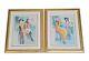 Pair Vintage 20th C Modern Framed Artist Signed Numbered Gouache Glamour Fashion