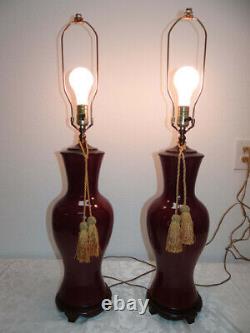 PAIR Vintage Signed Oxblood Red Pottery Asian Chinese Table Lamps with Tassels