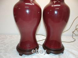 PAIR Vintage Signed Oxblood Red Pottery Asian Chinese Table Lamps with Tassels