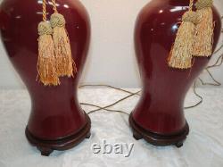 PAIR Vintage Signed Oxblood Red Pottery Asian Chinese Table Lamps with Tassels