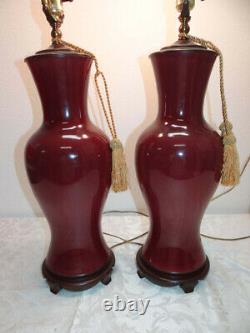 PAIR Vintage Signed Oxblood Red Pottery Asian Chinese Table Lamps with Tassels
