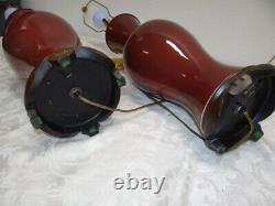 PAIR Vintage Signed Oxblood Red Pottery Asian Chinese Table Lamps with Tassels