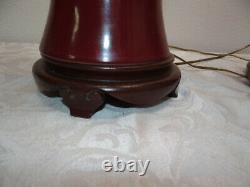 PAIR Vintage Signed Oxblood Red Pottery Asian Chinese Table Lamps with Tassels