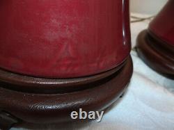 PAIR Vintage Signed Oxblood Red Pottery Asian Chinese Table Lamps with Tassels