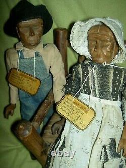 PAIR antique 1930, Pleasant Hill Academy carved wood primitive Appalachian dolls