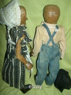 PAIR antique 1930, Pleasant Hill Academy carved wood primitive Appalachian dolls