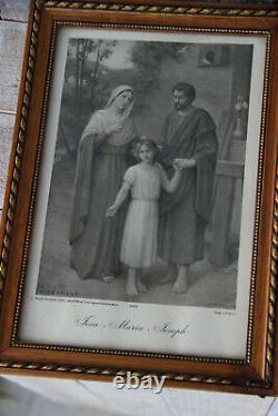 PAIR antique Azambre signed Engraving Religious family saint joseph framed