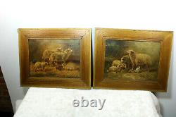 PAIR antique Flemish Oil canvas painting sheep stable signed