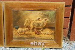 PAIR antique Flemish Oil canvas painting sheep stable signed