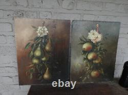 PAIR antique French oil cardboard painting still life fruits signed 1921