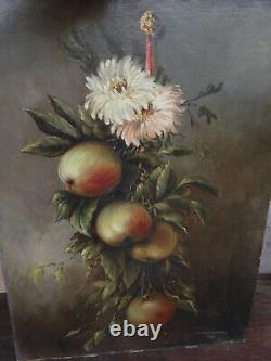 PAIR antique French oil cardboard painting still life fruits signed 1921