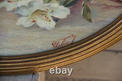 PAIR antique art nouveau oil canvas oval painting floral theme signed rare