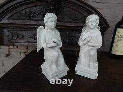 PAIR antique belgian TeCO porcelain signed Angel praying Statue figurine
