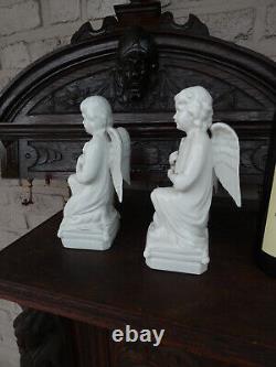 PAIR antique belgian TeCO porcelain signed Angel praying Statue figurine
